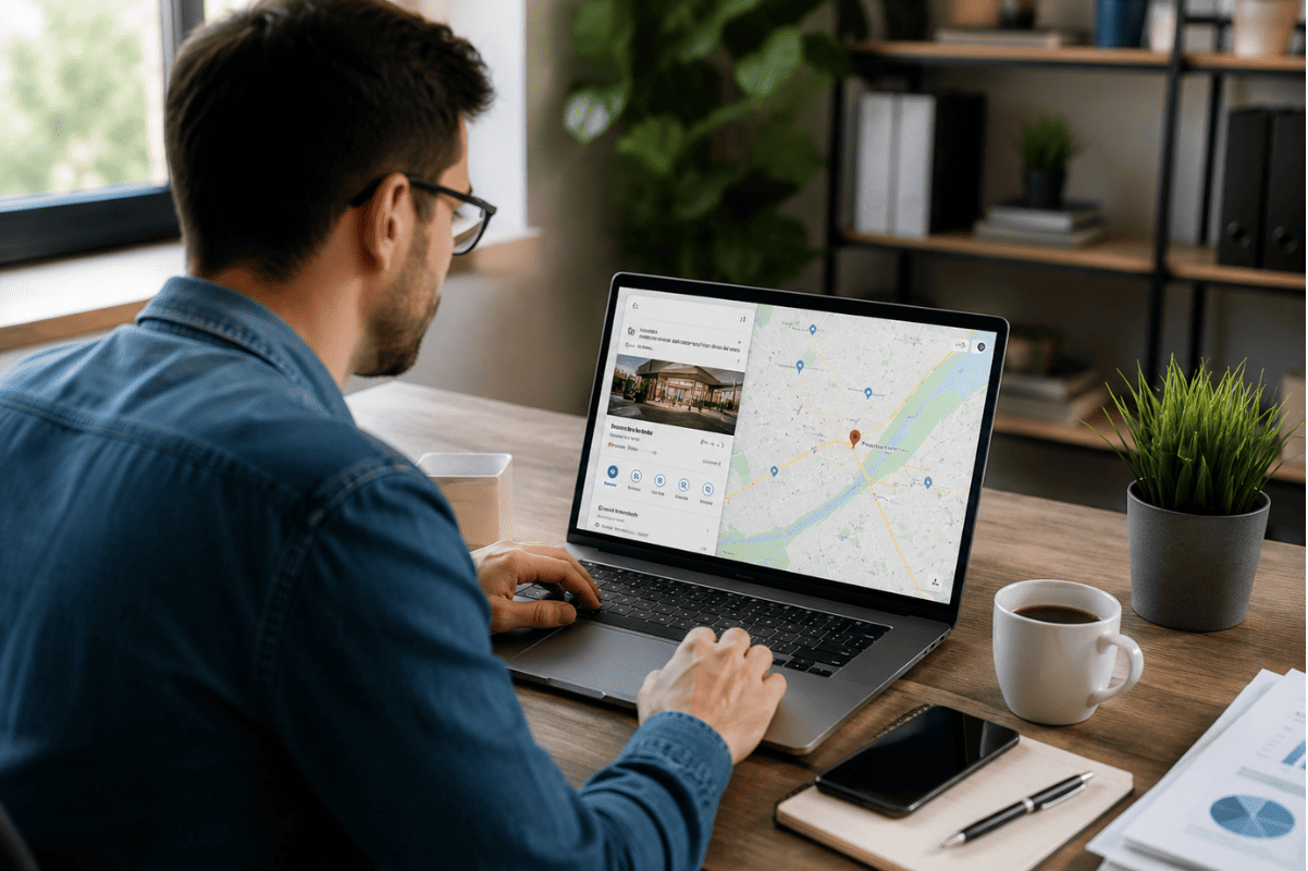 Business owner using Google Maps on laptop