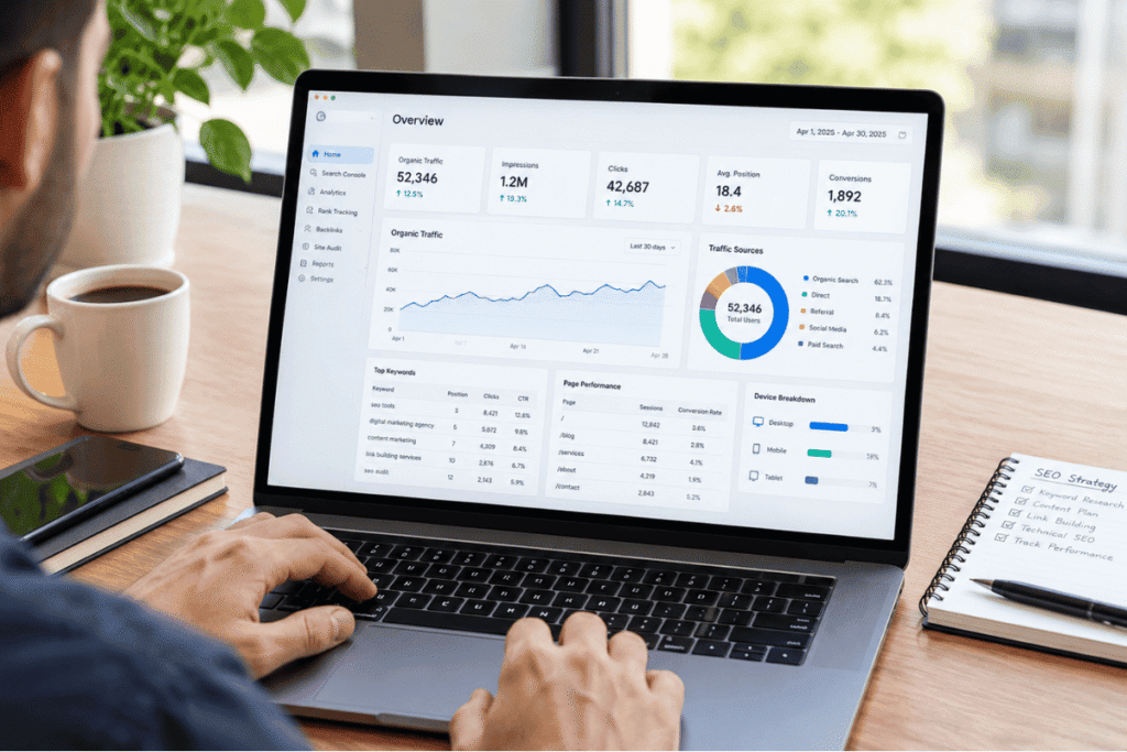 SEO analytics dashboard laptop
