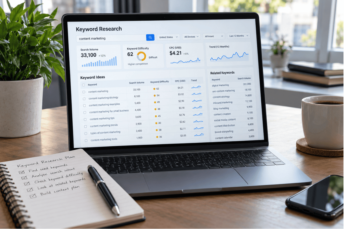 SEO keyword research laptop